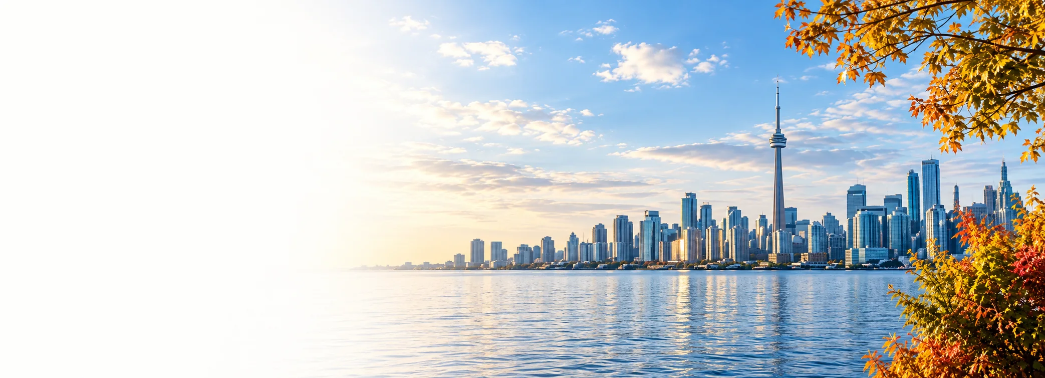 Toronto waterfront skyline and CN Tower in autumn
