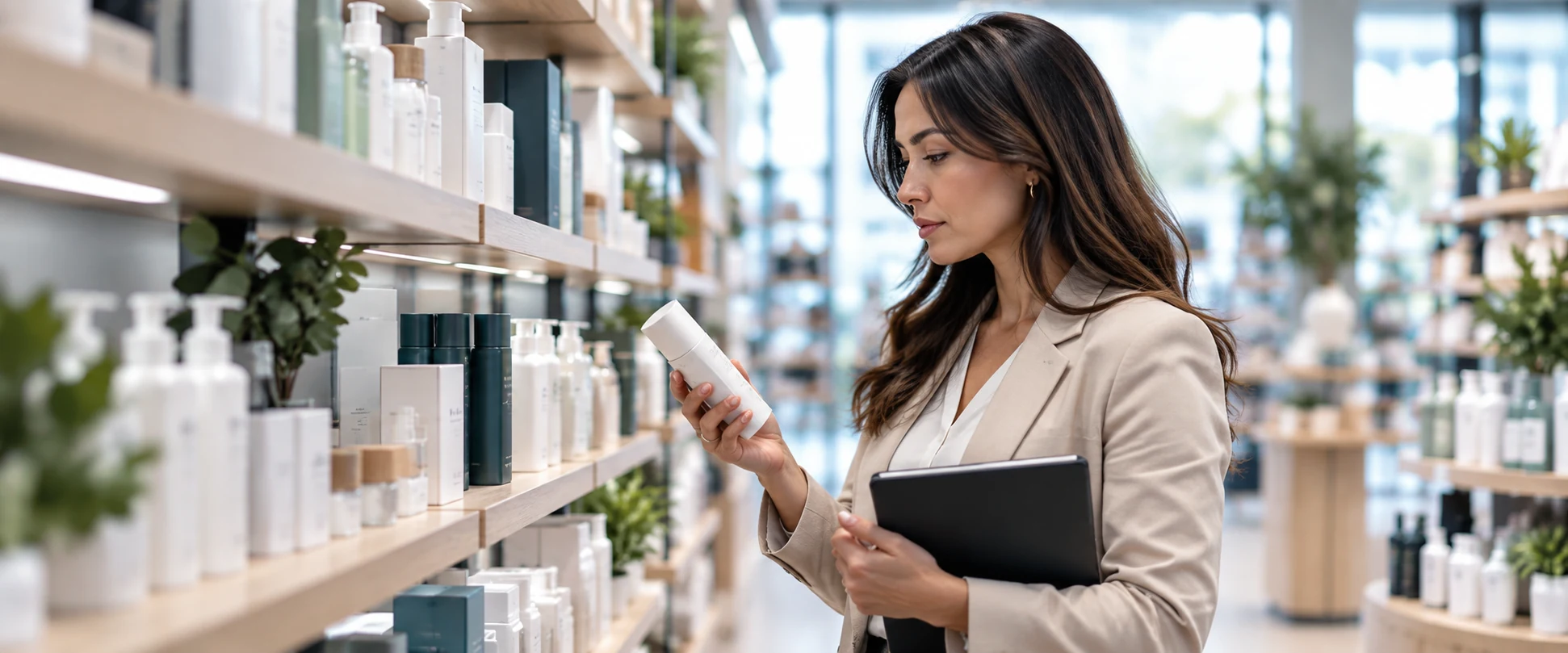 Retail buyer reviewing health and beauty products